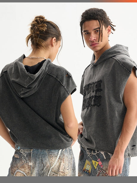 Liber Summer Men's Destroyed and dirty effects Letter Tank tops