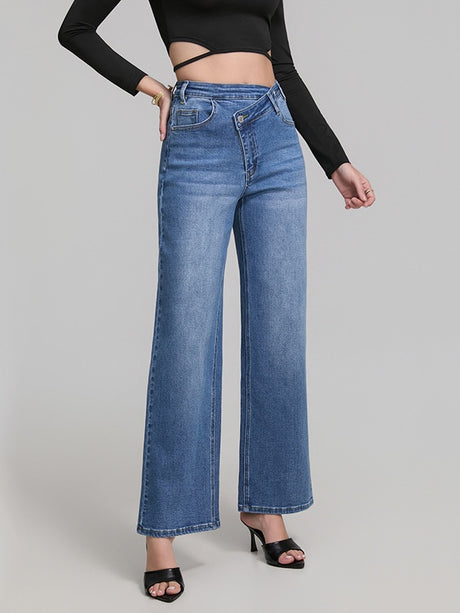 Women's Light-colored Washed Asymmetrical Wide-leg Jeans For Autumn And Winter