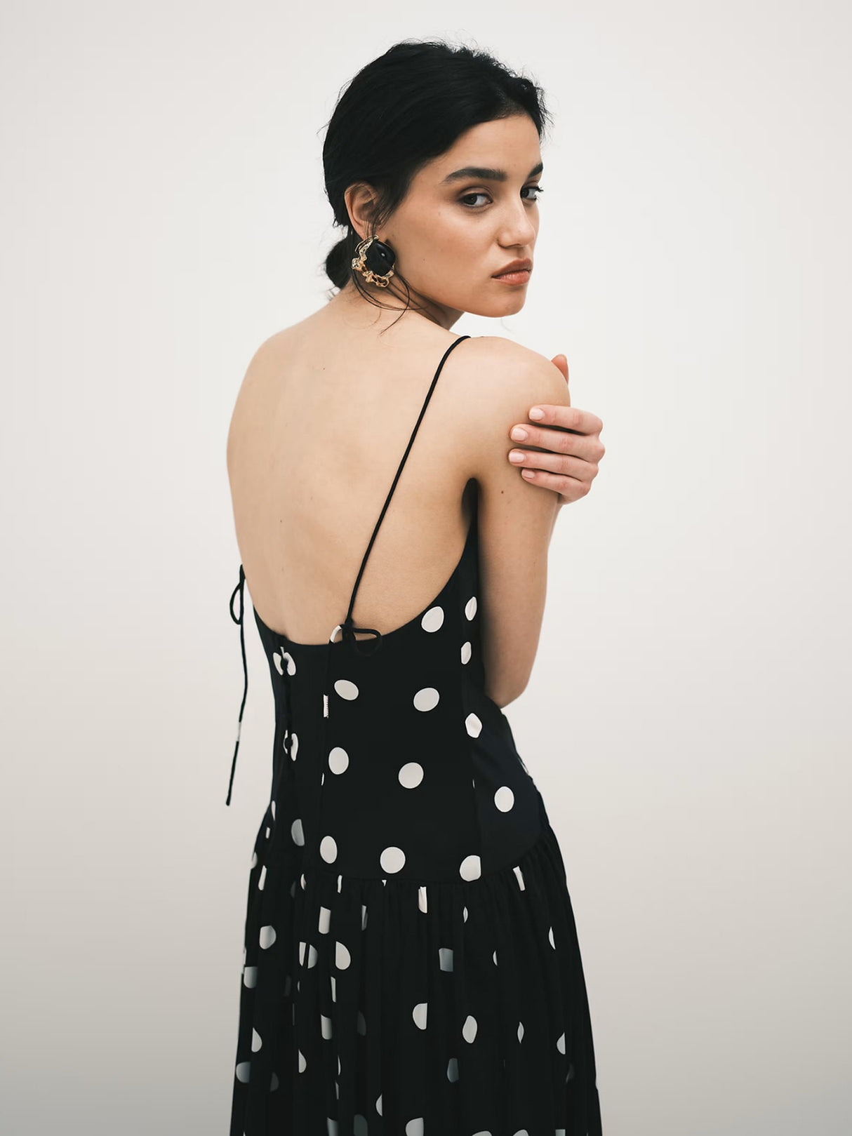 Polka Dots V-neck Suspenders Backless Large Skirt No Belt Maxi Dresses