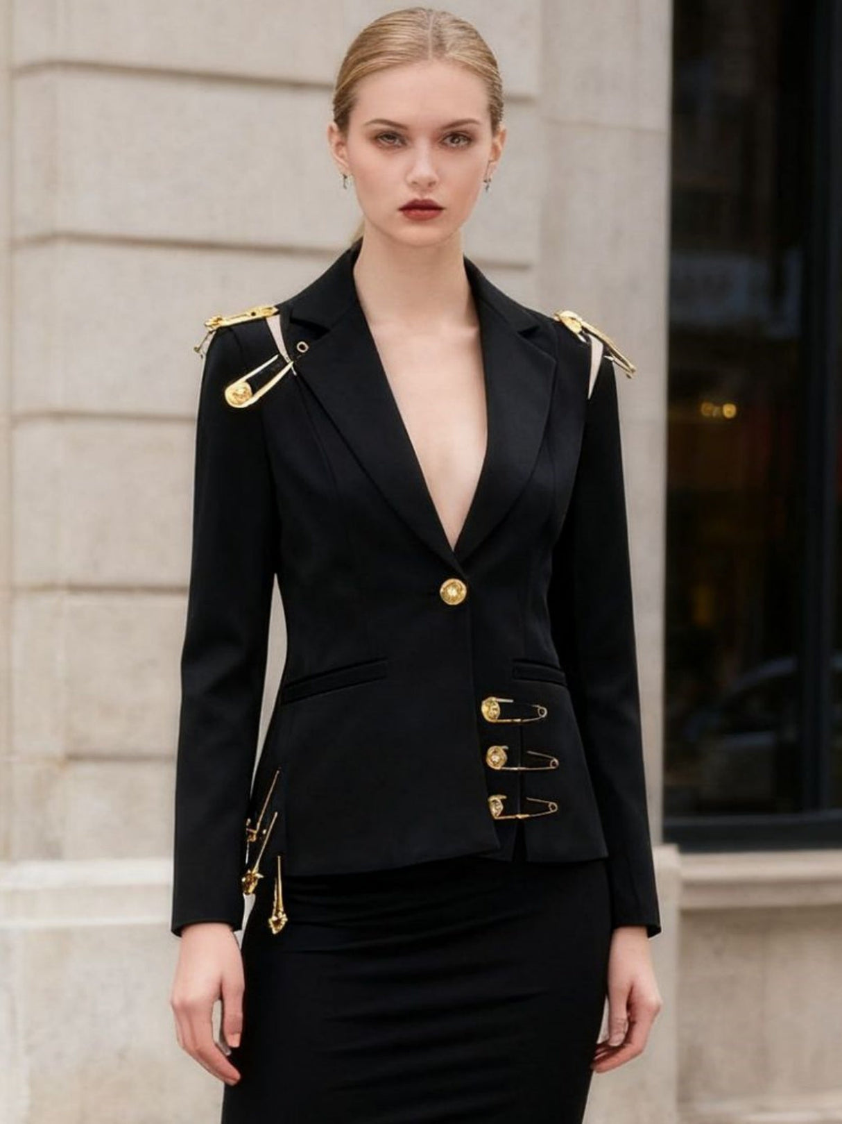 Large Safety Pin Decoration Long-sleeved Fitted Blazers
