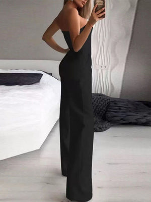 Asymmetrical Mid-waisted Elegant V-neck Strapless Jumpsuit