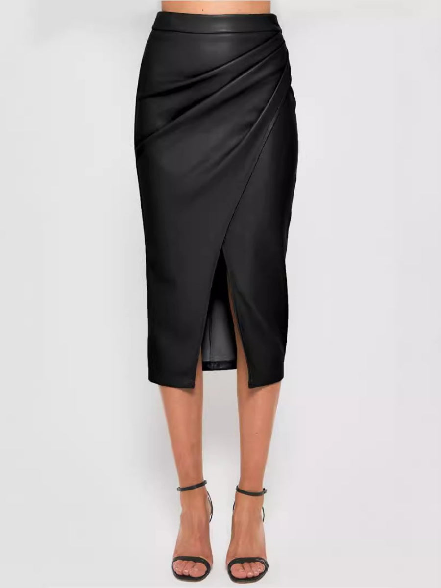High Waist Zipper Pleats Hip Leather Skirts