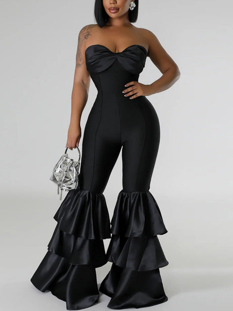 Pleated Lace Strapless Backless Jumpsuits