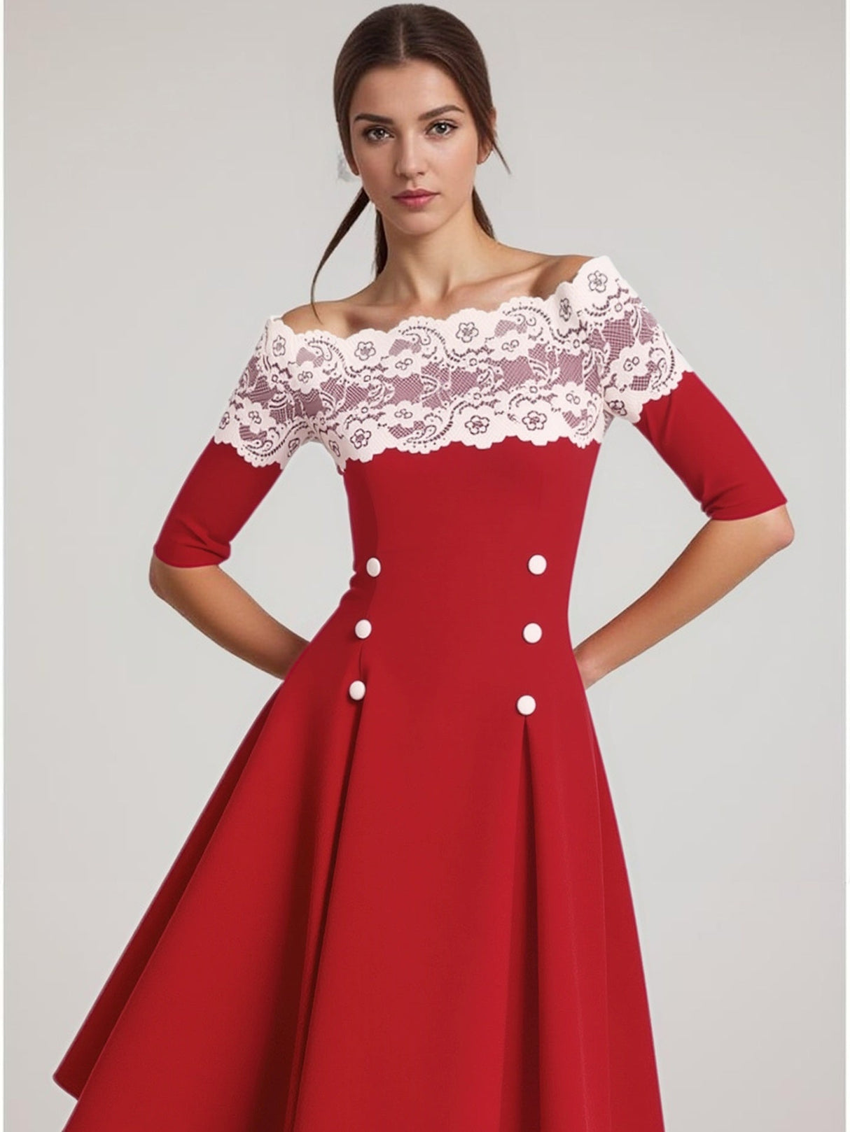Christmas Off Shoulder Lace Stitching Trim Grace Full Skirt Dress