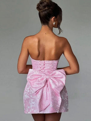 Jacquard Strapless Top Bow Straps Backless Solid Color Mini&Short Dresses