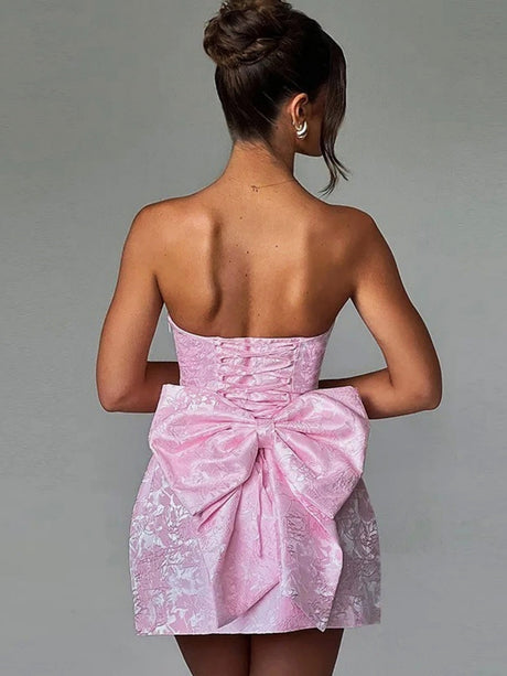 Jacquard Strapless Top Bow Straps Backless Solid Color Mini&Short Dresses