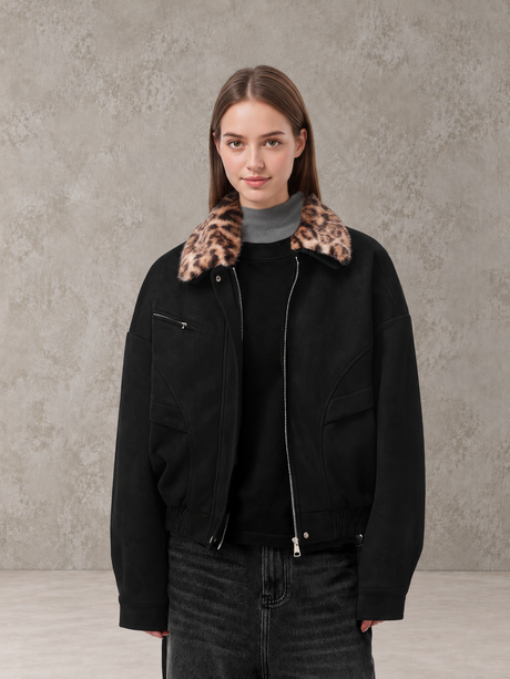 Color Block Leopard Print Long-Sleeved Coat