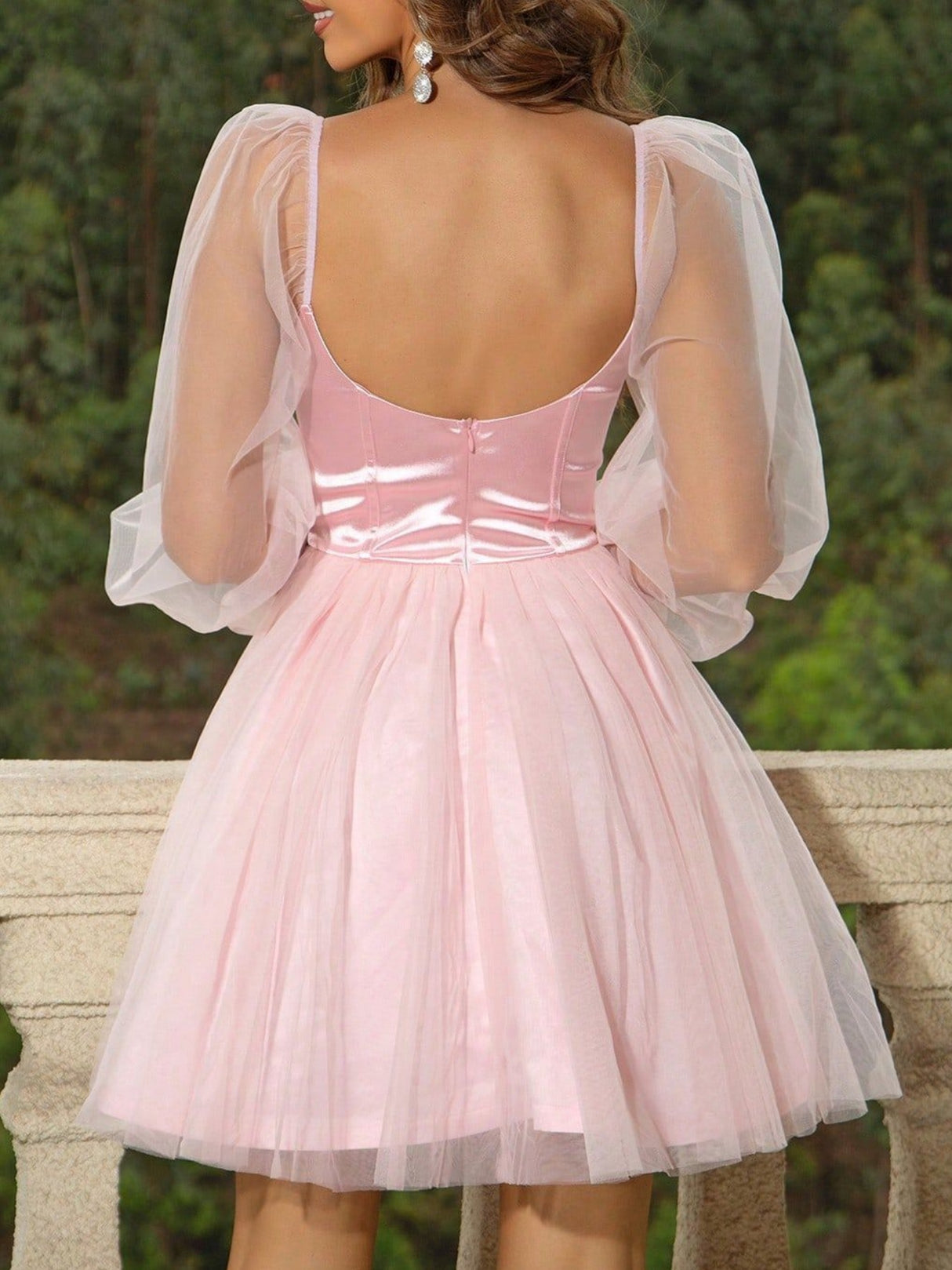 Sequins Heart-shaped Neckline Mesh Balloon Sleeve Sweet Mini&Short Dresses