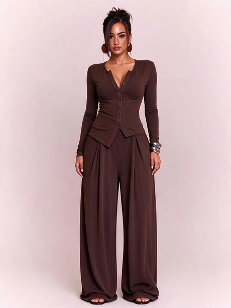 American Minimalist Sexy Two-piece Set: Fitted Long-sleeved Cardigan, High-waisted Wide-leg Pants, Casual Style.