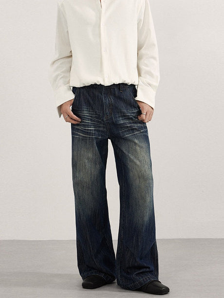 Retro Washing Old Cat Whiskers Bamboo Pattern Pleated Type A Jeans