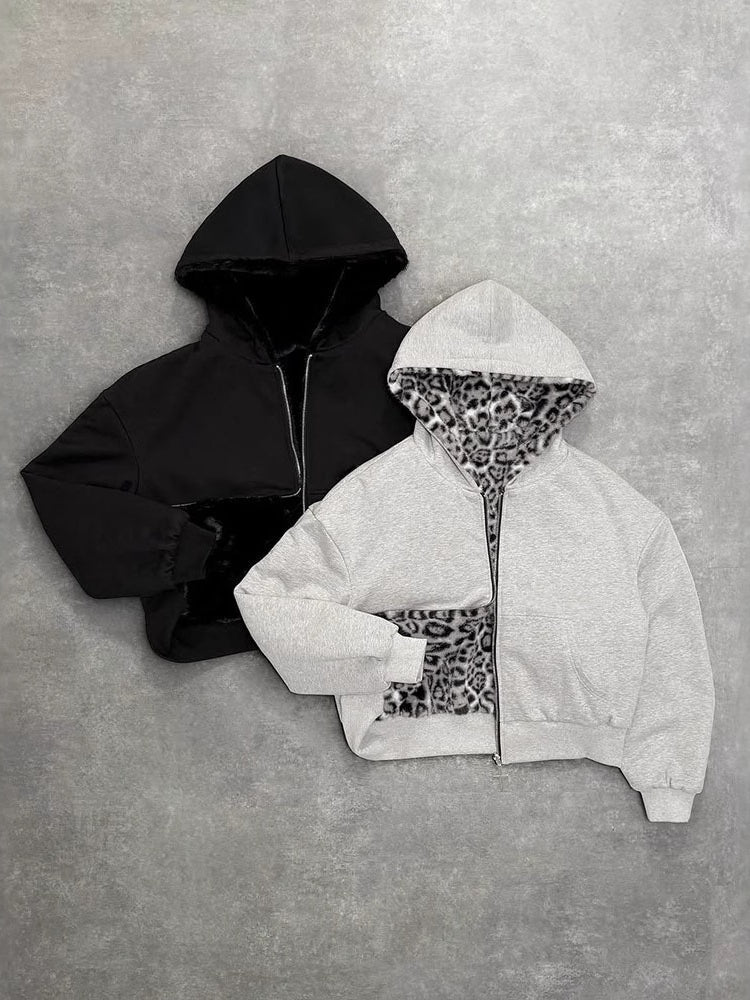 Reversible Retro Leopard Print Zipper Loose Fit Hooded Zip-Up Sweatshirt