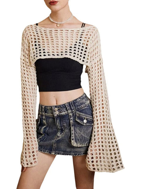 Liber Women's clothing women's tops mesh / see-through tops round neck short hollow autumn one-line neck