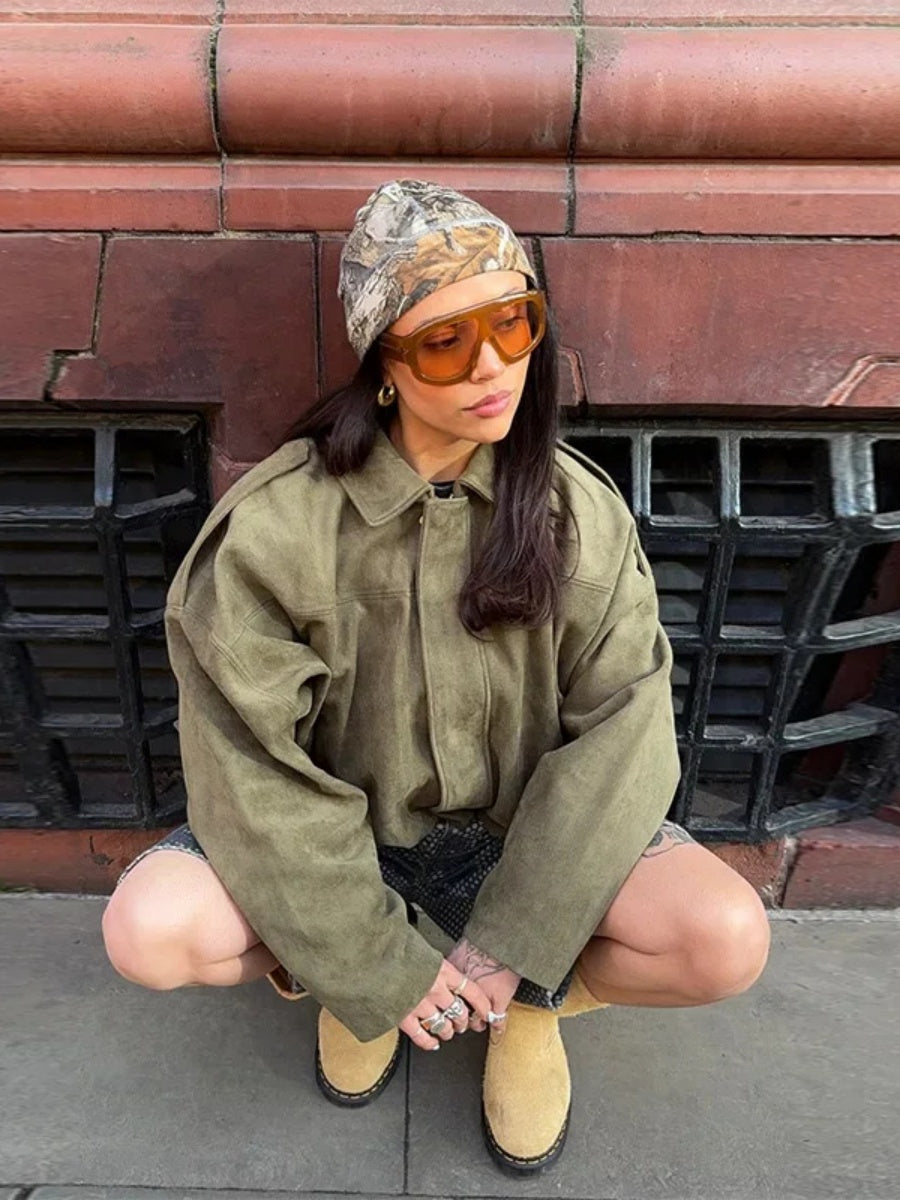 Batwing sleeve olive green Zip-up jacket