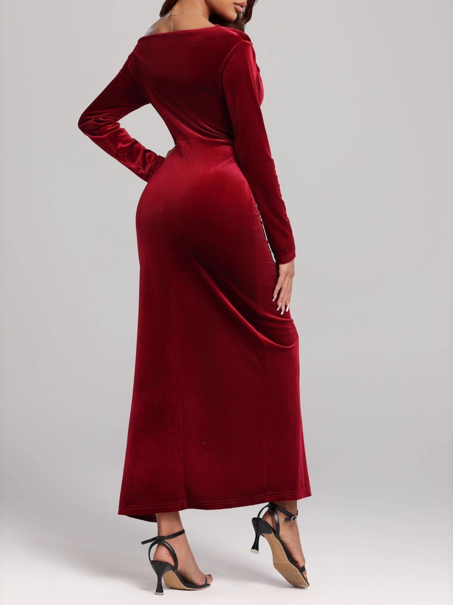 Off-shoulder Velvet Pleated High Slit Long Dress