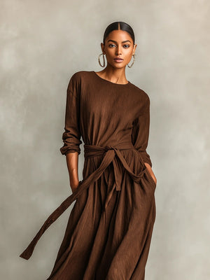 Elegant Brown Woven Long-sleeved Round Neck Long Dress