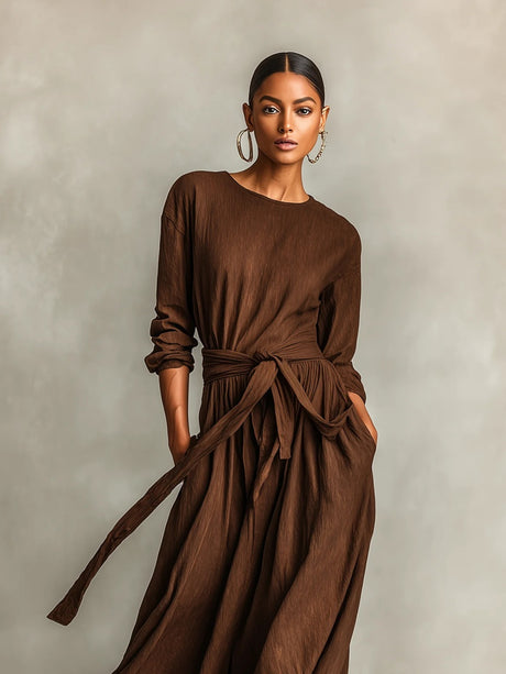 Elegant Brown Woven Long-sleeved Round Neck Long Dress