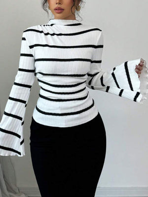 Short-sleeved, Stand-up Collar, Bell Sleeves, Irregular Black And White Striped Ribbed Knit T-shirt/sweater