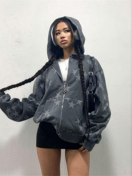 Old Star Print Zippered Loose Hooded Sweatshirt