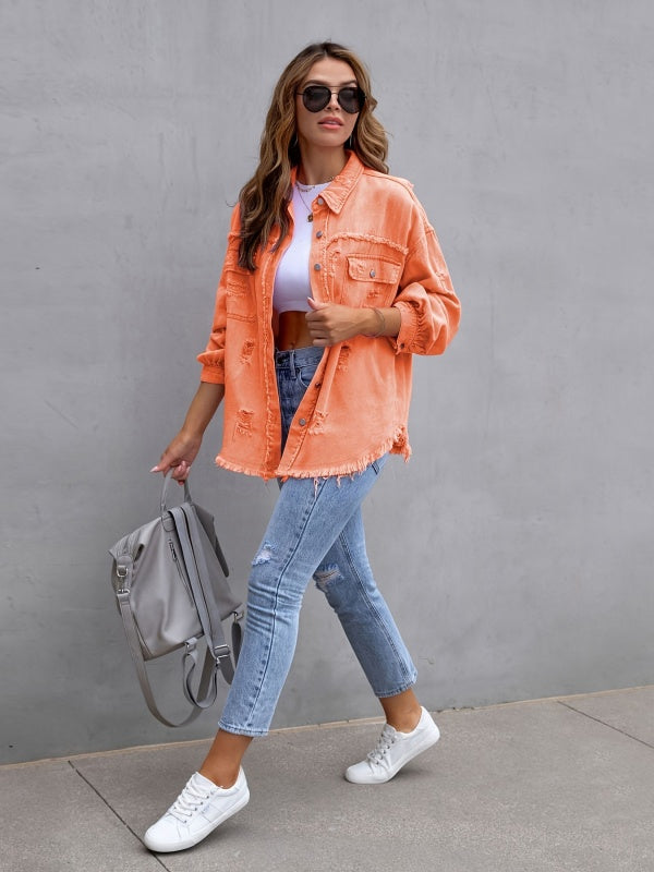 Multicolor Raw Hem Denim Jacket