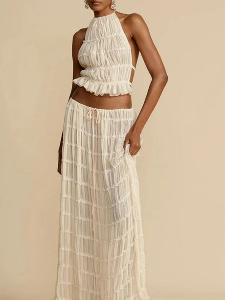 Pleated Sleeveless Backless Halter Neck Full Skirt 2-piece Sets