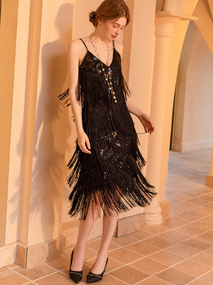 Black Sequins Tassel Spaghetti Strap Midi Dress