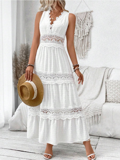 Cotton Blend Lace Solid Color Maxi Dresses