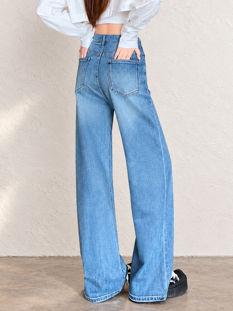Women's Blue Straight Leg Jeans With Rhinestones For Autumn/Winter