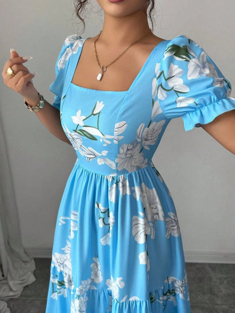 Square Neck Women's Clothing Flowers Maxi Dresses