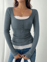 Square Collar Lace Single-breasted Slim-fit Long-sleeved T-shirt