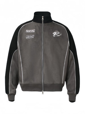 Embroidery Contrasting Colors Splicing Zipper Suede Jacket