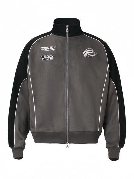 Embroidery Contrasting Colors Splicing Zipper Suede Jacket