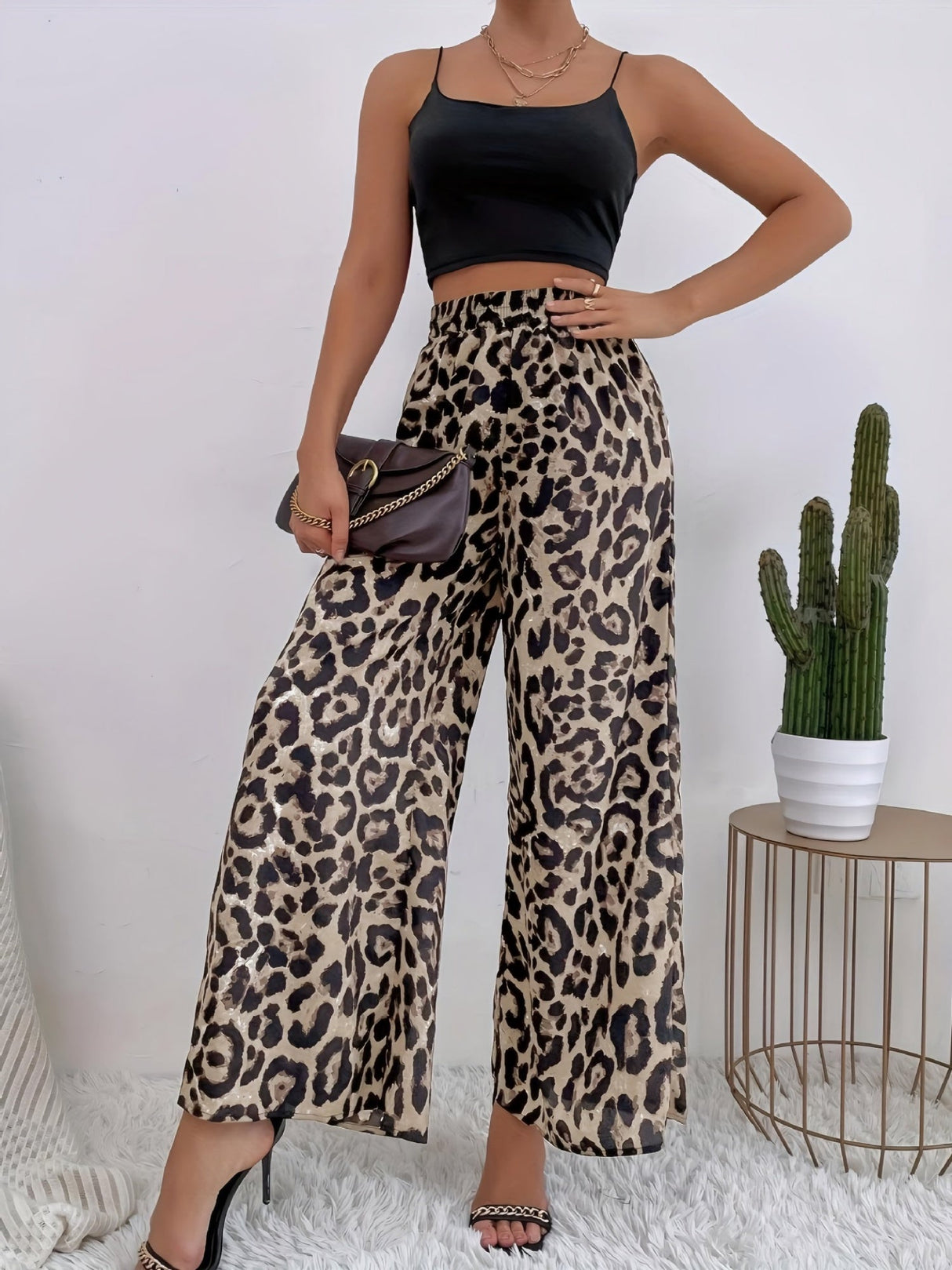 Leopard Print Elastic Waist Draped Loose Casual Wide Trousers