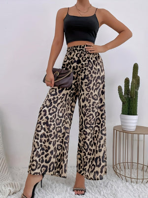 Leopard Print Elastic Waist Draped Loose Casual Wide Trousers
