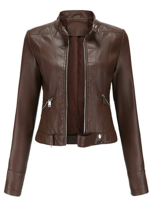 Three-dimensional Decoration Short Stand Collar Zippered Leather Jacket