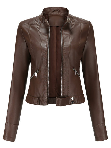 Three-dimensional Decoration Short Stand Collar Zippered Leather Jacket