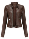Three-dimensional Decoration Short Stand Collar Zippered Leather Jacket