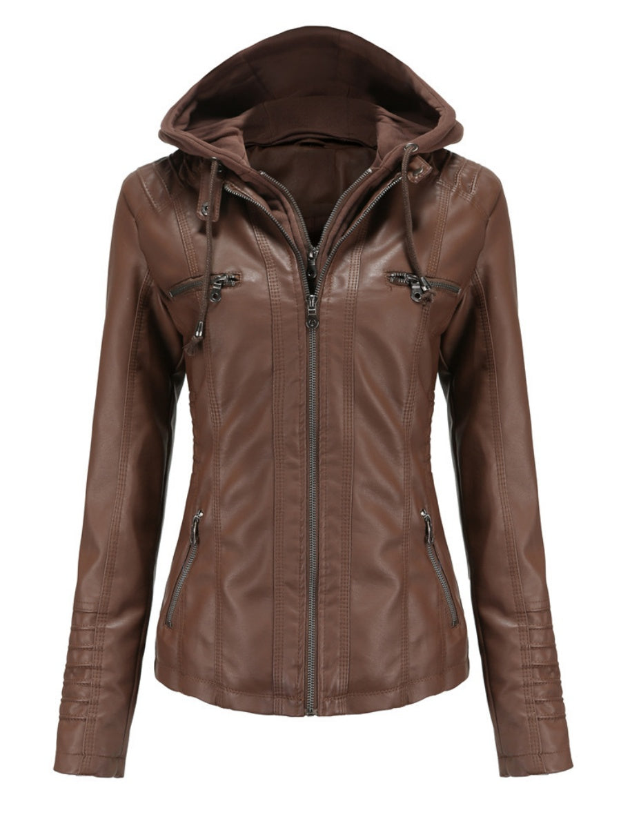 Hooded Removable 2-piece Sets Leather Jacket