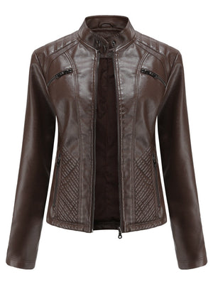 Three-dimensional Decoration Stand Collar Slim Fit Leather Jacket