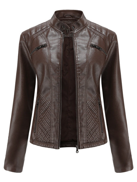 Three-dimensional Decoration Stand Collar Slim Fit Leather Jacket
