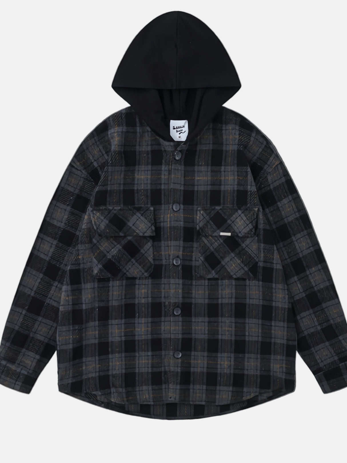Tweed Sanding Plaid Splicing Contrasting Colors Fake Two Pieces Hooded Long-sleeved Shirt