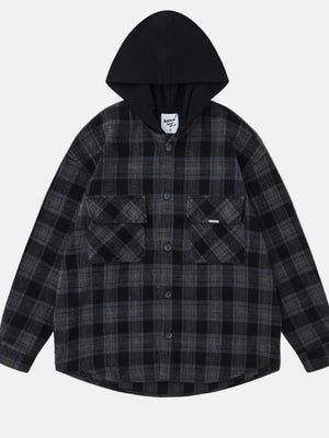 Tweed Sanding Plaid Splicing Contrasting Colors Fake Two Pieces Hooded Long-sleeved Shirt