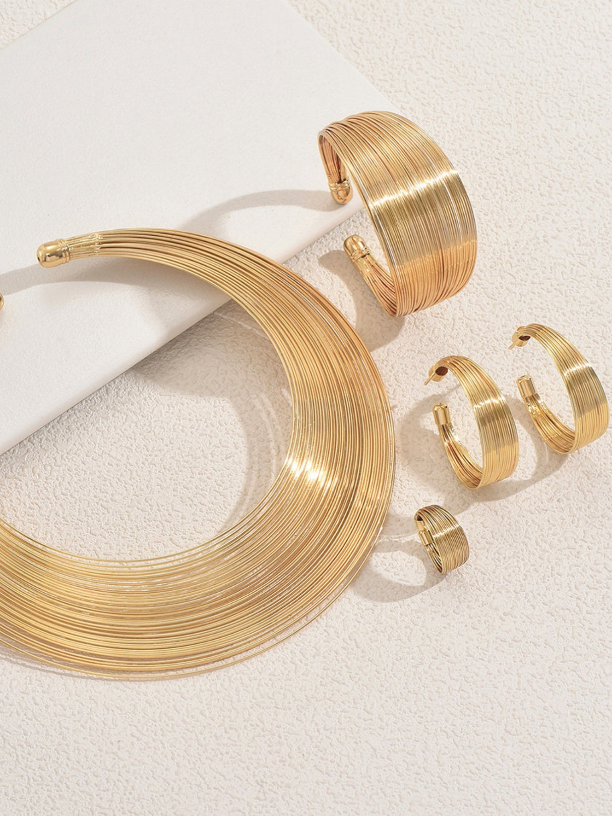 Multilayer Metal Geometric Lines Necklace And Earrings Bracelet Jewelry Sets