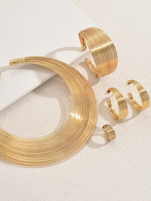 Multilayer Metal Geometric Lines Necklace And Earrings Bracelet Jewelry Sets