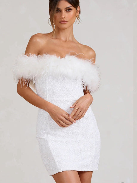 Strapless Feather Sequins Splicing Off Shoulder Dinner Short Dress For Cocktail Party
