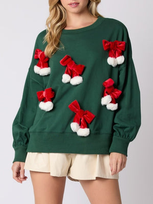 Christmas Bow Decorated Top Casual Long Sleeve Pullover Sweatshirt