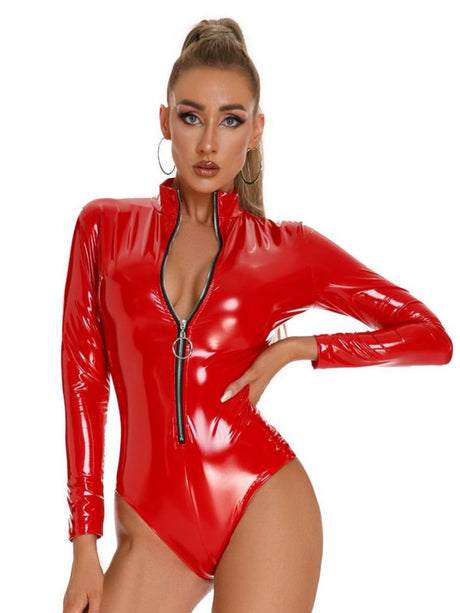 PU Leather Zipper Long Sleeves Bodysuits