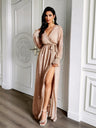 V-neck Waist-cinching Belt Sequins Sheer Lantern Sleeves Maxi Dresses