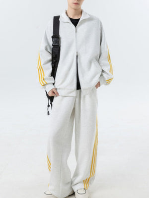 Color-blocked Stripes Straight-leg Trousers Sweatshirts Cardigan Set