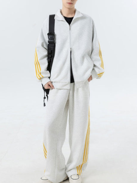 Color-blocked Stripes Straight-leg Trousers Sweatshirts Cardigan Set