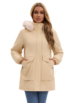 With Fur Collar Hooded For Warmth Drawstring Pocket Down Jacket
